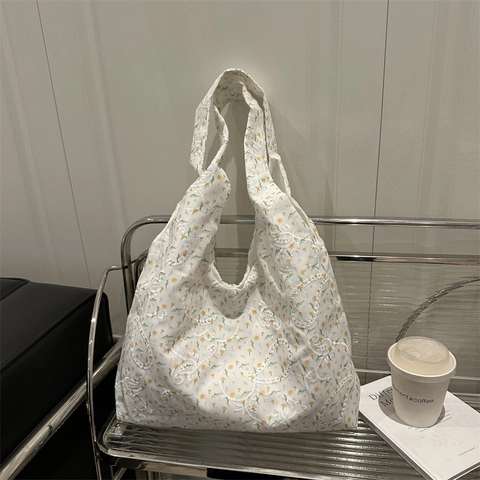 Grand Sac À Main Bandoulière Toile Broderie Florale Dentelle Évidée Navettage Style Coréen Pour Femmes