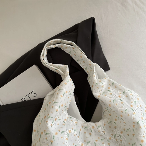 Grand Sac À Main Bandoulière Toile Broderie Florale Dentelle Évidée Navettage Style Coréen Pour Femmes