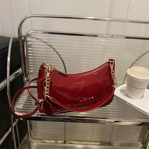 Patent PU Leather Underarm Bag For Women With Gold Chain And Cherry Charm Trendy Shoulder Bag