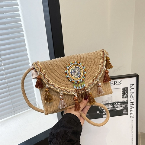 Τσάντα Χιαστί Ψάθινη Boho Ethnic Στυλ Φούντες Κέντημα Χάντρες Μοτίβο Mandala Διακοπές Παραλία Ώμου Γυναικεία