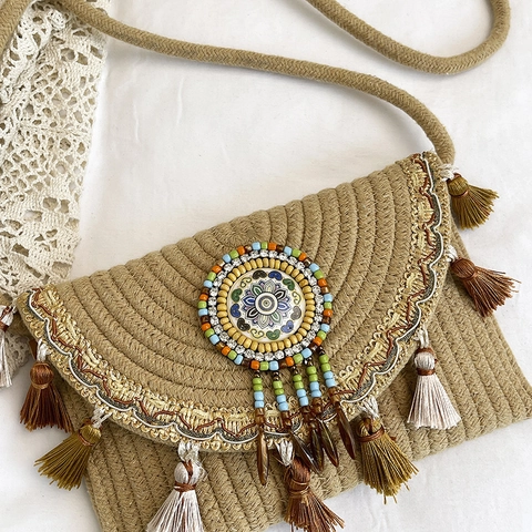 Τσάντα Χιαστί Ψάθινη Boho Ethnic Στυλ Φούντες Κέντημα Χάντρες Μοτίβο Mandala Διακοπές Παραλία Ώμου Γυναικεία
