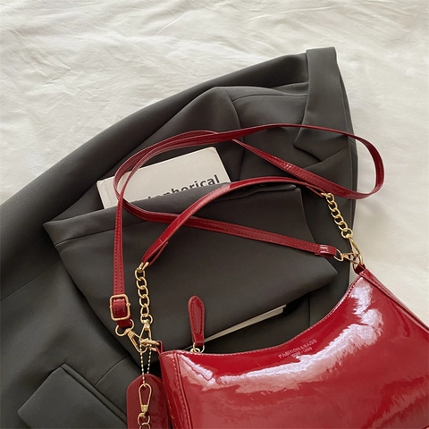 Patent PU Leather Underarm Bag For Women With Gold Chain And Cherry Charm Trendy Shoulder Bag