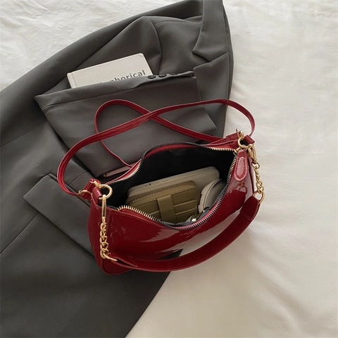 Glossy PU Leather Hobo Bag Women Underarm Shoulder Handbag With Cherry Charm Metal Chain Strap Half Moon Trendy