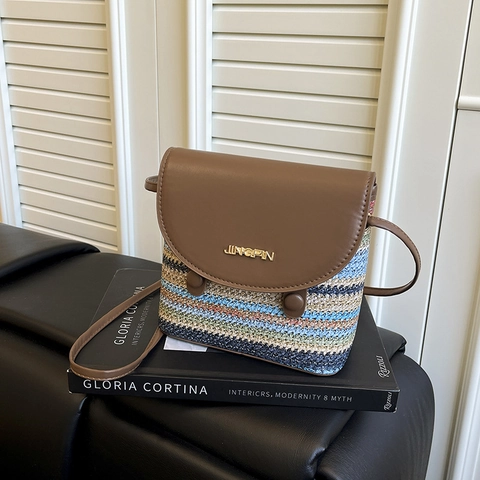 Women Crossbody Bag Woven Straw PU Leather Patchwork Colorful Striped Square Flap Summer Beach Bohemian Vintage