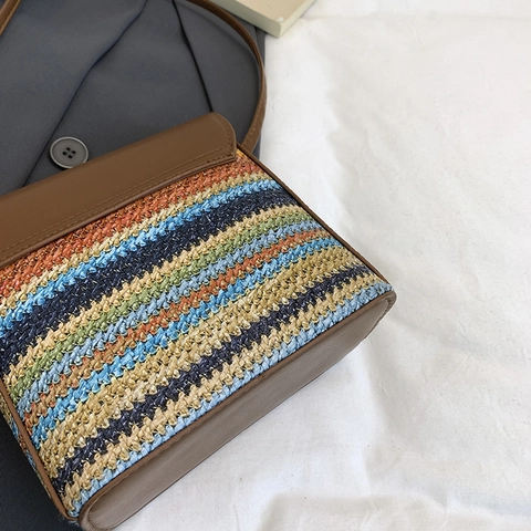 Women Crossbody Bag Woven Straw PU Leather Patchwork Colorful Striped Square Flap Summer Beach Bohemian Vintage