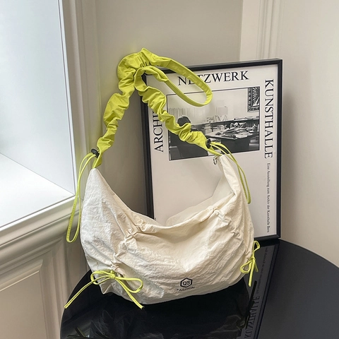 Large Capacity Nylon Dumpling Bag With Ruched Shoulder Strap And Side Drawstring Bows Casual Crossbody Bag For Women
