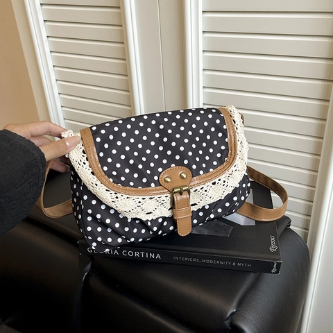 Polka Dot Lace Trim Shoulder Bag Retro Women Crossbody Square Fabric Purse With Adjustable Strap