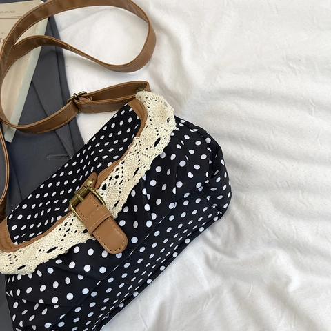 Polka Dot Lace Trim Shoulder Bag Retro Women Crossbody Square Fabric Purse With Adjustable Strap