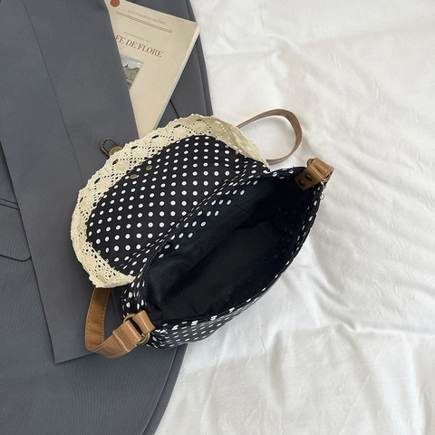 Borsa A Tracolla Retrò A Pois Da Donna Con Bordo In Pizzo E Tracolla In Pelle Regolabile Stile Coreano Tela