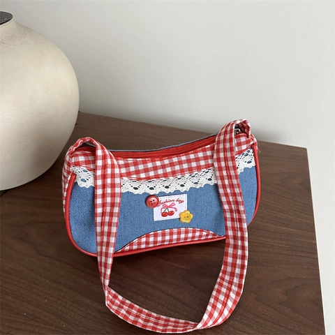Vintage Denim Gingham Splicing Onderarmtas Voor Dames Kantrand Kers Patch Schoudertas Kleine Retro Tote Handtas