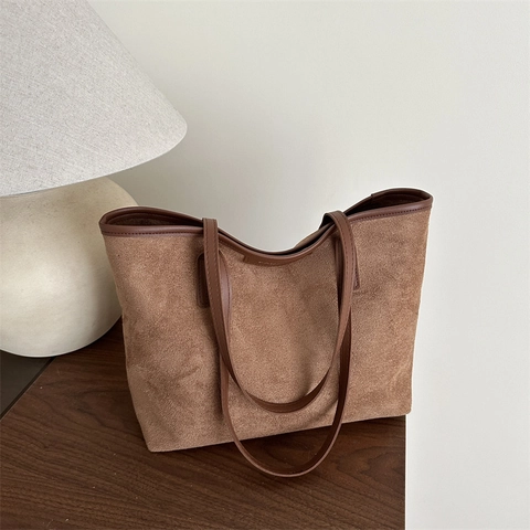 Vintage Faux Suede Tote Bag Large Capacity Commuter Shoulder Underarm Bag For Women Fashion Simple Solid Color Handbag