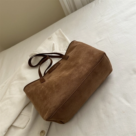 Minimalist Suede Textured Tote Bag Large Capacity Solid Color Shoulder Handbag For Women Commute
