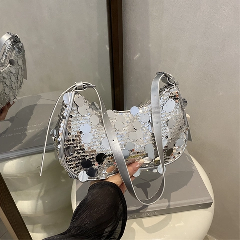 Sac Sous Le Bras À Paillettes Pour Femmes Acrylique Brillant Métallique Demi-Lune Hobo Sac À Épaule Mode Y2K Soirée