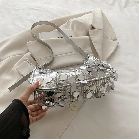 Sac Sous Le Bras À Paillettes Pour Femmes Acrylique Brillant Métallique Demi-Lune Hobo Sac À Épaule Mode Y2K Soirée