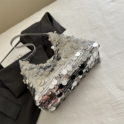 Bolso De Hombro De Lentejuelas Brillantes Lentejuelas Redondas Bolso Hobo De Axila Para Mujer Moda Fiesta Estilo Urbano
