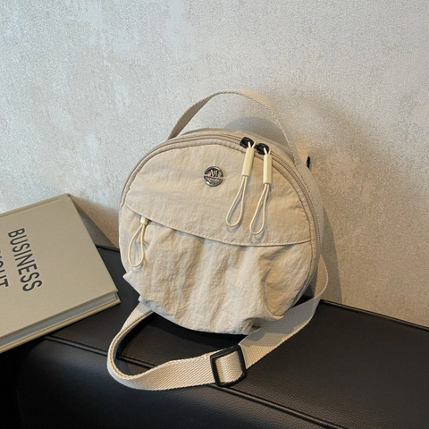 Women Round Crossbody Bag Nylon Fabric Lightweight Shoulder Bag With Top Handle And Adjustable Strap Double Zippers Casual Fashion