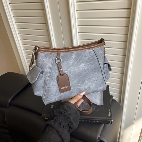 Borsa A Tracolla Vintage Da Donna Pelle PU Trama Tela Tasche Laterali Tracolla Regolabile Casual Pendolare