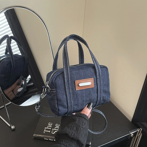 Sac À Main Boston En Denim Vintage Femmes Surpiqûres Contrastées Sac Bandoulière Bandoulière Réglable Rétro Design De Niche