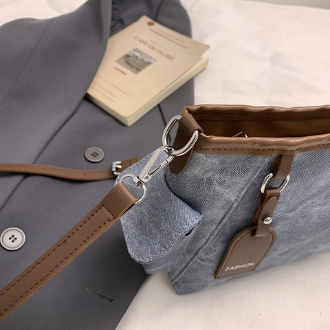 Borsa A Tracolla Vintage Da Donna Pelle PU Trama Tela Tasche Laterali Tracolla Regolabile Casual Pendolare