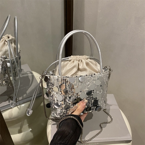 Glitzernde Eimer-Tasche Mit Runden Pailletten Und Kordelzugbeutel Mit Metallkettenriemen Trendige Abendparty-Handtasche Für Damen