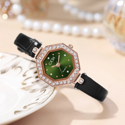 Elegant Women Quartz Watch Octagonal Rose Gold Case Rhinestone Bezel Leather Strap Waterproof Fashion Wristwatch Jewelry