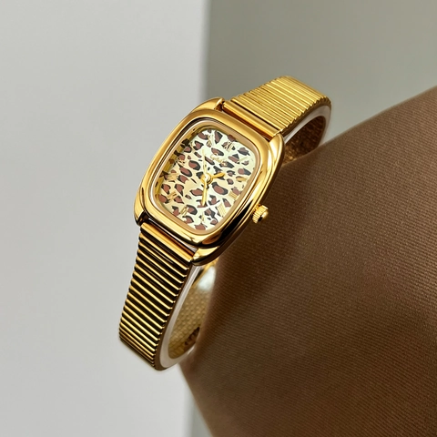 Retro Women Quartz Watch Stainless Steel Expansion Band Leopard Print Dial Square Vintage Elegant Flexible Wristwatch