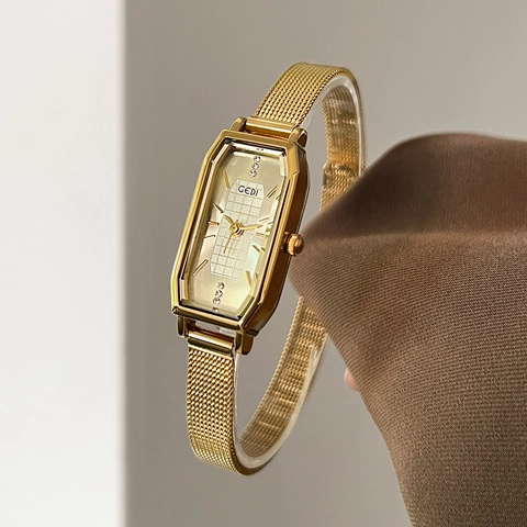 Orologio Al Quarzo Da Donna Oro Cinturino In Maglia Di Acciaio Inossidabile Impermeabile Quadrante Rettangolare Ottagonale Strass Elegante