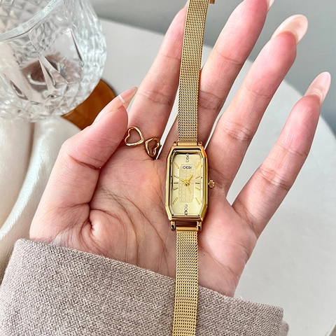 Orologio Al Quarzo Da Donna Oro Cinturino In Maglia Di Acciaio Inossidabile Impermeabile Quadrante Rettangolare Ottagonale Strass Elegante