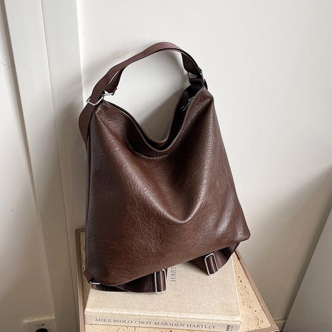 Large Capacity Women Tote Bag PU Leather Soft Wrinkle Texture Retro Commuter Shoulder Crossbody Handbag