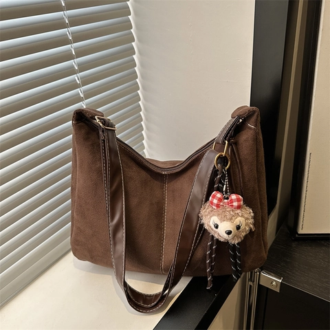 Large Capacity Tote Bag Women PU Suede Texture Shoulder Bag Contrast Stitching Adjustable Strap Vintage Commuter Handbag