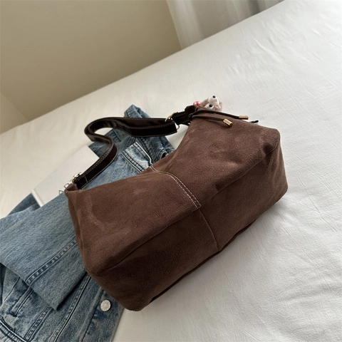 Large Capacity Tote Bag Women PU Suede Texture Shoulder Bag Contrast Stitching Adjustable Strap Vintage Commuter Handbag