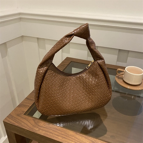 Woven PU Leder Achseltasche Damen Vintage Knotengriff Große Kapazität Halbmond Hobo Tasche Für Den Alltag