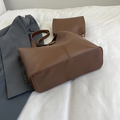 Vintage PU Leather Tote Bag Women Large Capacity Shoulder Bag Simple Commuter Handbag Inner Pouch