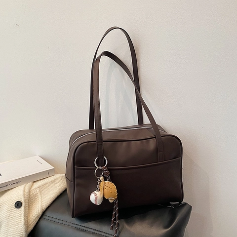Dames Tote Tas Grote Capaciteit PU Leer Vintage Koreaanse Stijl Schoudertas Okseltas Met Retro Honkbal Hanger