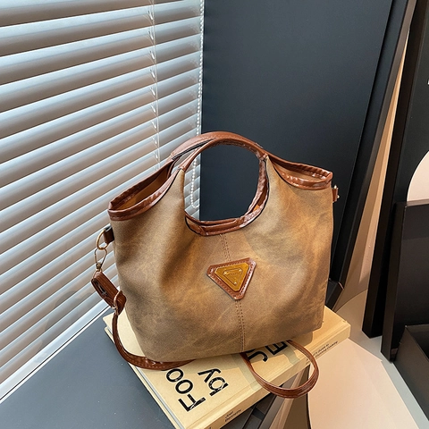 Women Retro Tote Bag Large Capacity Versatile PU Leather Canvas Crossbody Handbag For Commute Work Office