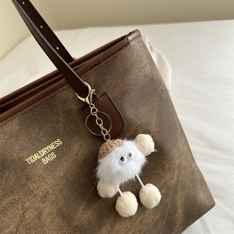 Large Capacity Tote Bag Frosted PU Leather Retro Commuting Shoulder Handbag For Women School Daily Use With Pendant