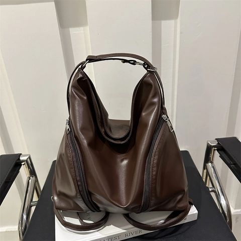 Damen Vintage PU Leder Shopper Große Kapazität Urban Schlichte Schultertasche Mit Doppelreißverschluss Detail Alltags Tasche