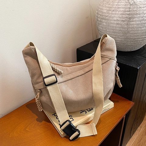 Women Corduroy Shoulder Crossbody Bag Large Capacity Half Moon Hobo Retro Casual With Braided Zipper Pull
