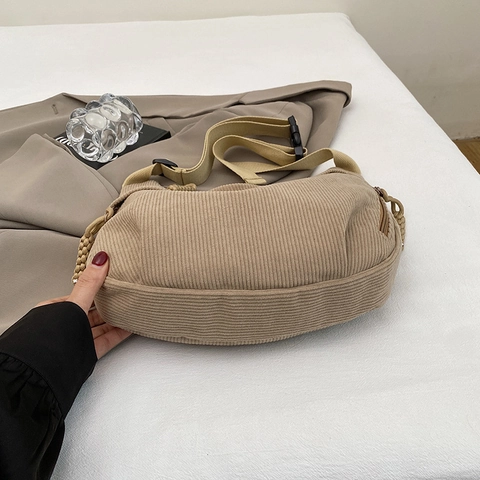 Women Corduroy Shoulder Crossbody Bag Large Capacity Half Moon Hobo Retro Casual With Braided Zipper Pull