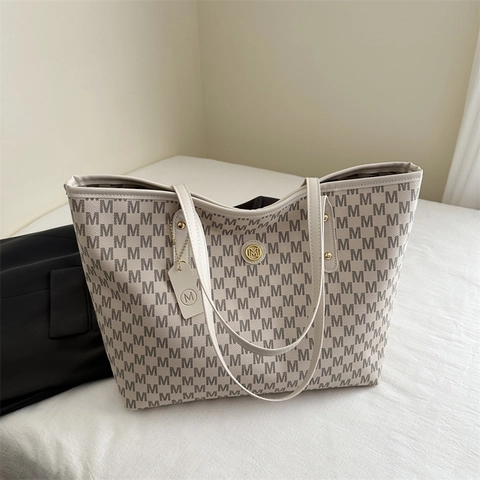 Monogram Print Tote Tas Voor Dames Grote Capaciteit PU Leer M Letter Patroon Schoudertas Mode Woon-Werkverkeer Handvat