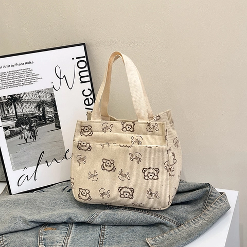 Borsa Tote In Velluto A Coste Con Simpatico Orso Stampa Smile Borsa A Spalla Portatile Per Studenti Ufficio Quotidiano