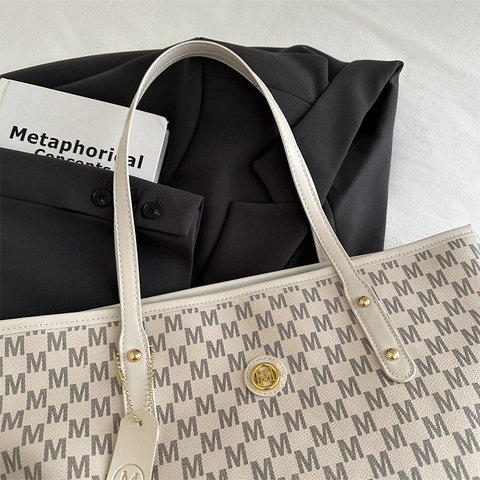 Monogram Print Tote Tas Voor Dames Grote Capaciteit PU Leer M Letter Patroon Schoudertas Mode Woon-Werkverkeer Handvat