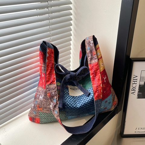 Grand Sac Fourre-Tout En Toile Patchwork Style Décontracté Imprimé Fleuri Sac À Épaule Avec Nœud Pour Femmes