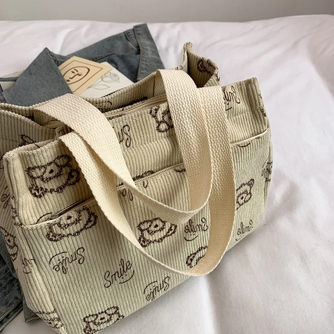 Borsa Tote In Velluto A Coste Con Simpatico Orso Stampa Smile Borsa A Spalla Portatile Per Studenti Ufficio Quotidiano
