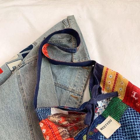 Grand Sac Fourre-Tout En Toile Patchwork Style Décontracté Imprimé Fleuri Sac À Épaule Avec Nœud Pour Femmes
