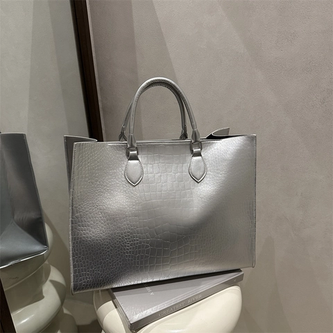 Grand Sac Fourre-Tout Pour Femmes Motif Crocodile Gaufrage Alligator Cuir PU Sac À Main Métallique Brillant Élégant