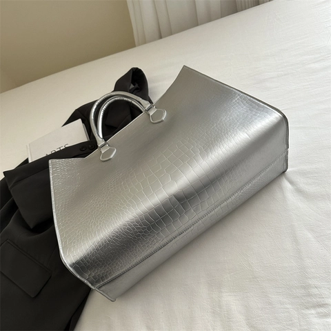 Grand Sac Fourre-Tout Pour Femmes Motif Crocodile Gaufrage Alligator Cuir PU Sac À Main Métallique Brillant Élégant