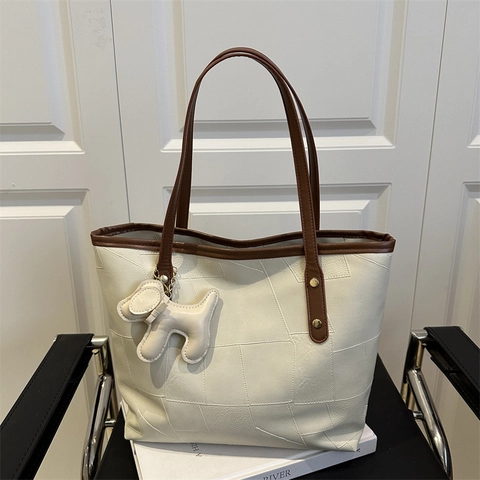 Women Large Tote Bag PU Leather Geometric Stitching Contrast Color Double Shoulder Straps With Dog Charm Commuter Casual