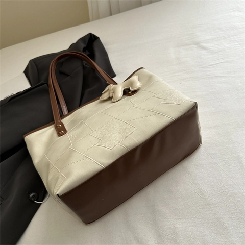 Women Large Tote Bag PU Leather Geometric Stitching Contrast Color Double Shoulder Straps With Dog Charm Commuter Casual