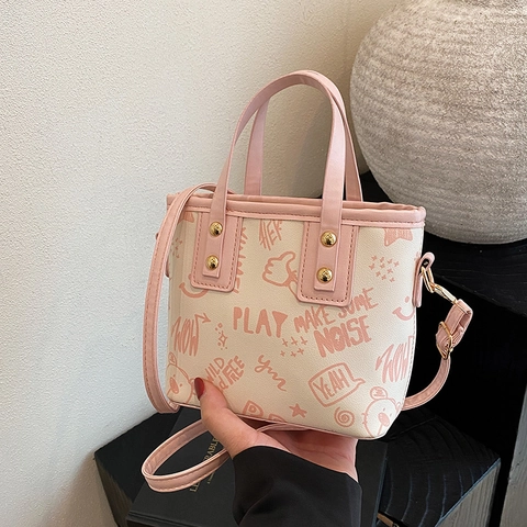 Mini Bucket Tote Bag PU Leather Graffiti Print Rivet Decor Contrast Color Crossbody Handbag For Women Casual